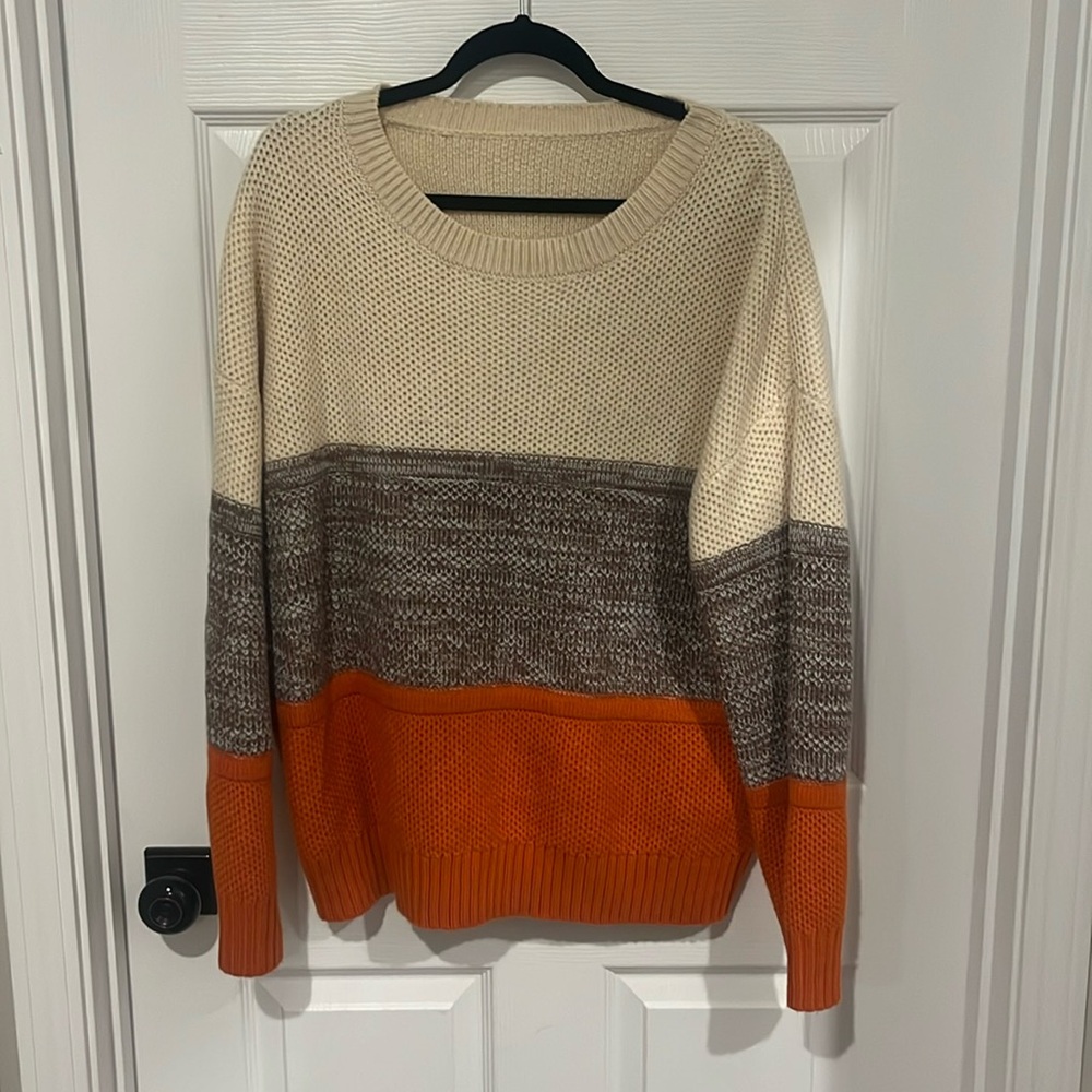 Cream, brownish/grey, orange sweater from Amazon